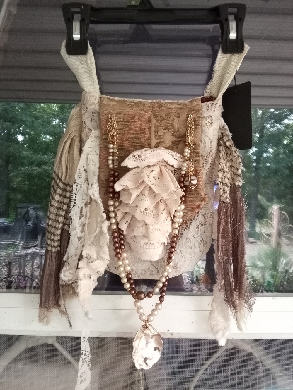 Boho Lace Fringe Belt Bag with Pearl Pendant Handmade One Of A Kind